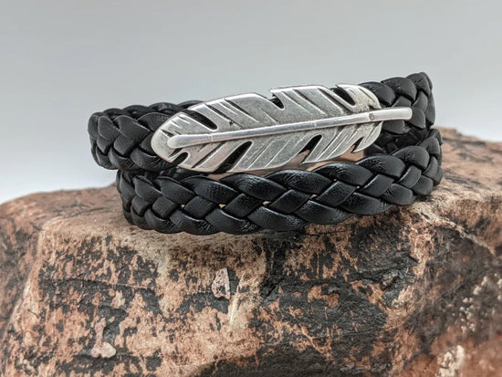 Feather & Braided Black Leather Bracelet