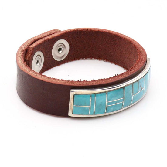Turquoise Inlaid Medallion Leather Cuff by Yazzie & Peterson