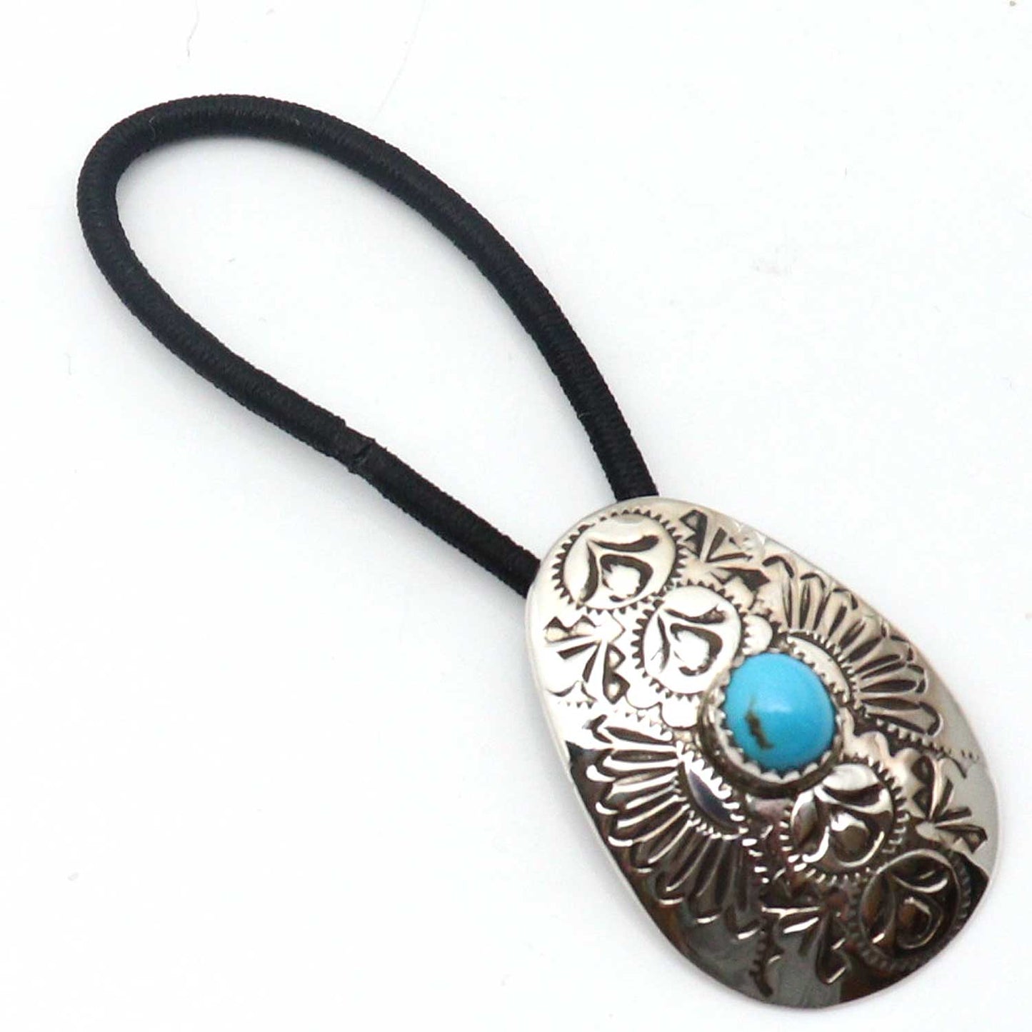 Turquoise & Stamped Silver Hair Tie by Shirley Skeets