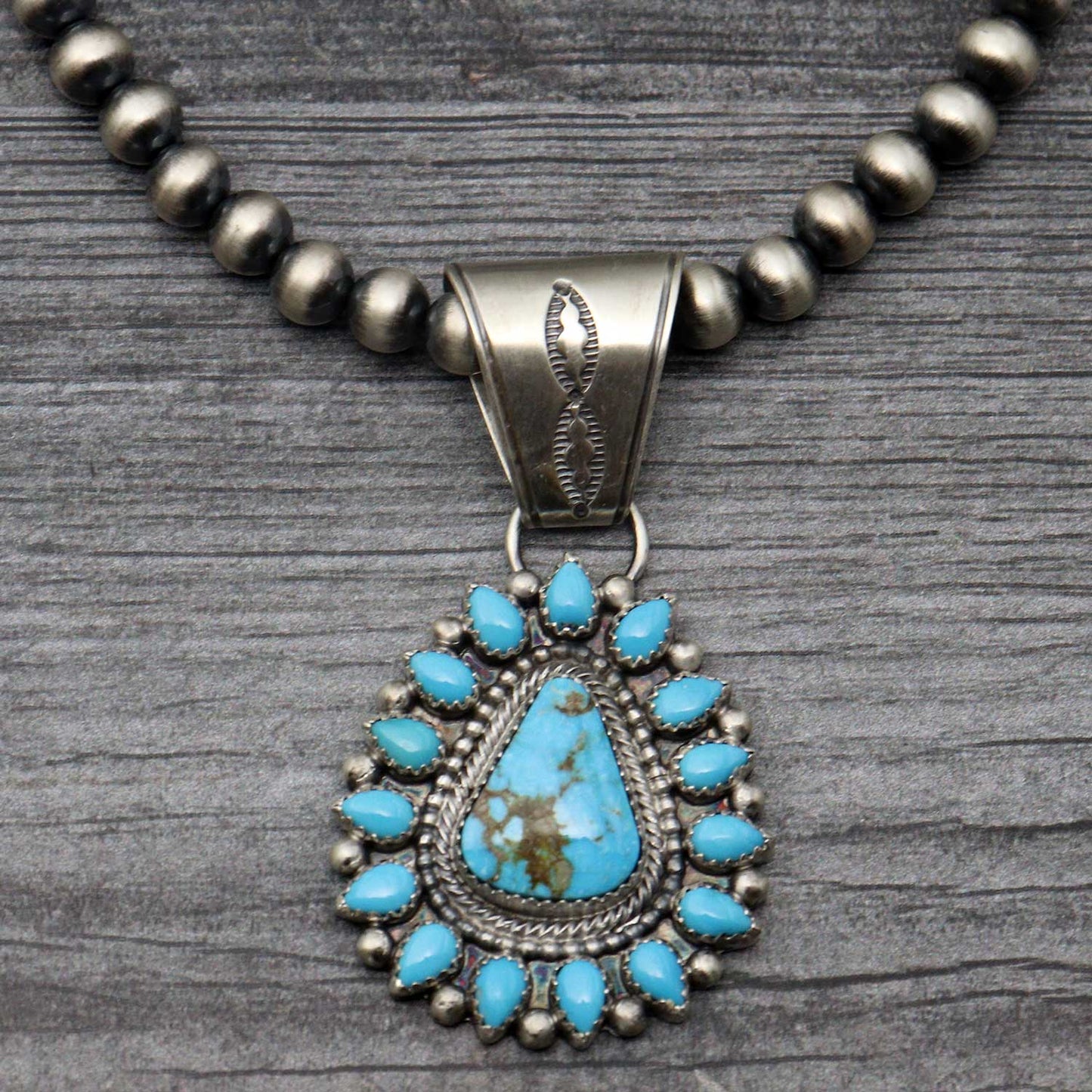 18" Kingman Turquoise Pendant & Navaho Pearls Necklace
