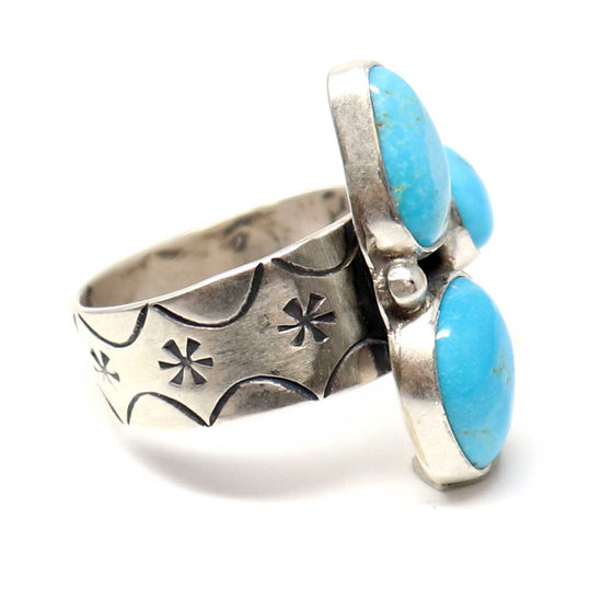 Adjustable Ring With Kingman Turquoise Setting By Navaho Artist T Benally