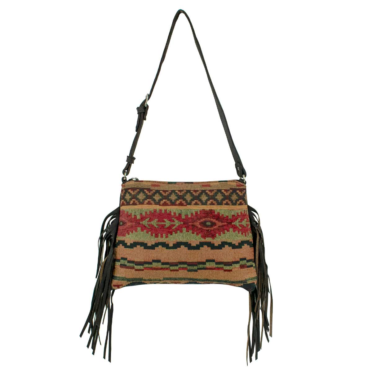 Hand Woven Tapestry Zip Top Shoulder Bag w/ Fringe