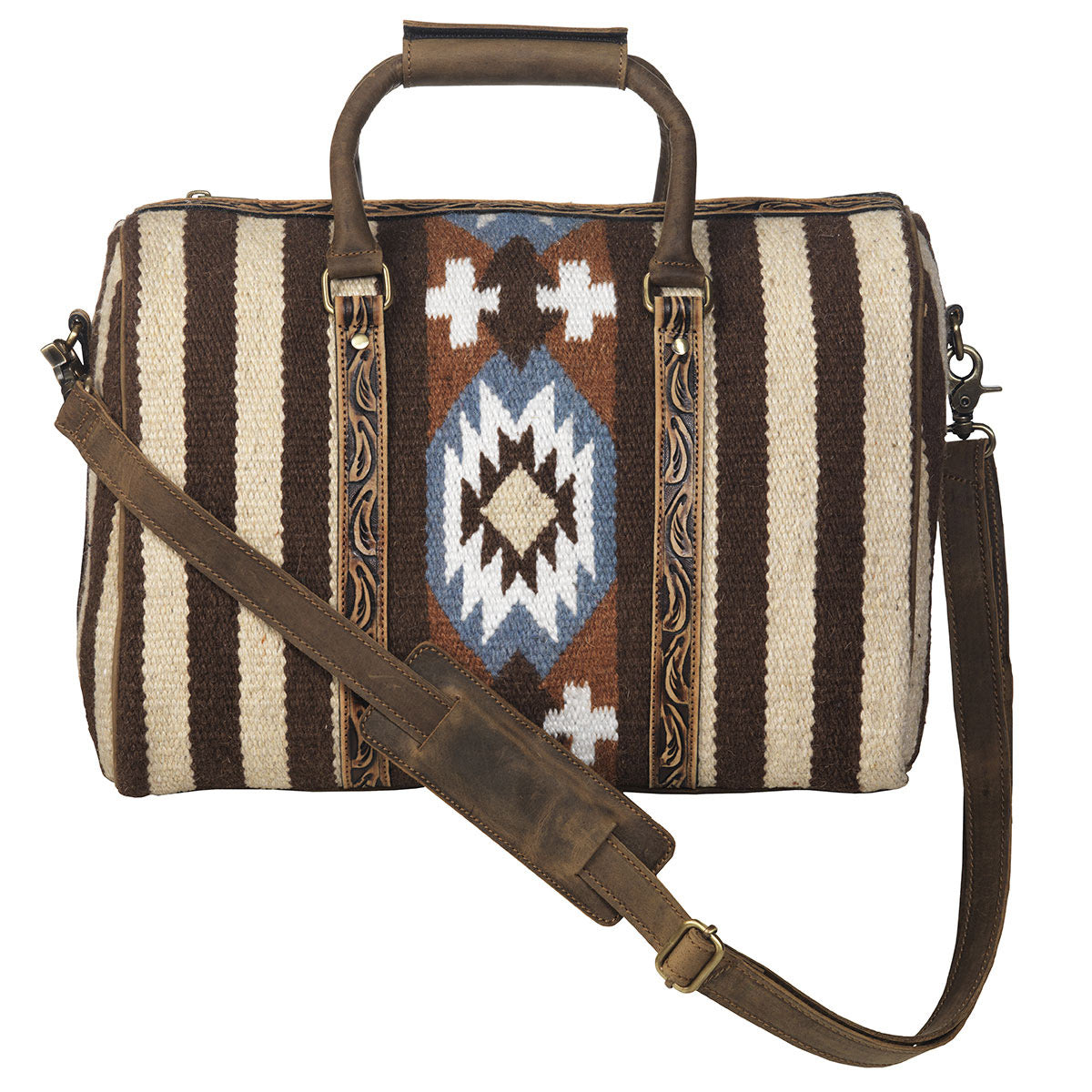 Southwestern Style Duffle Bag With Tooled Leather