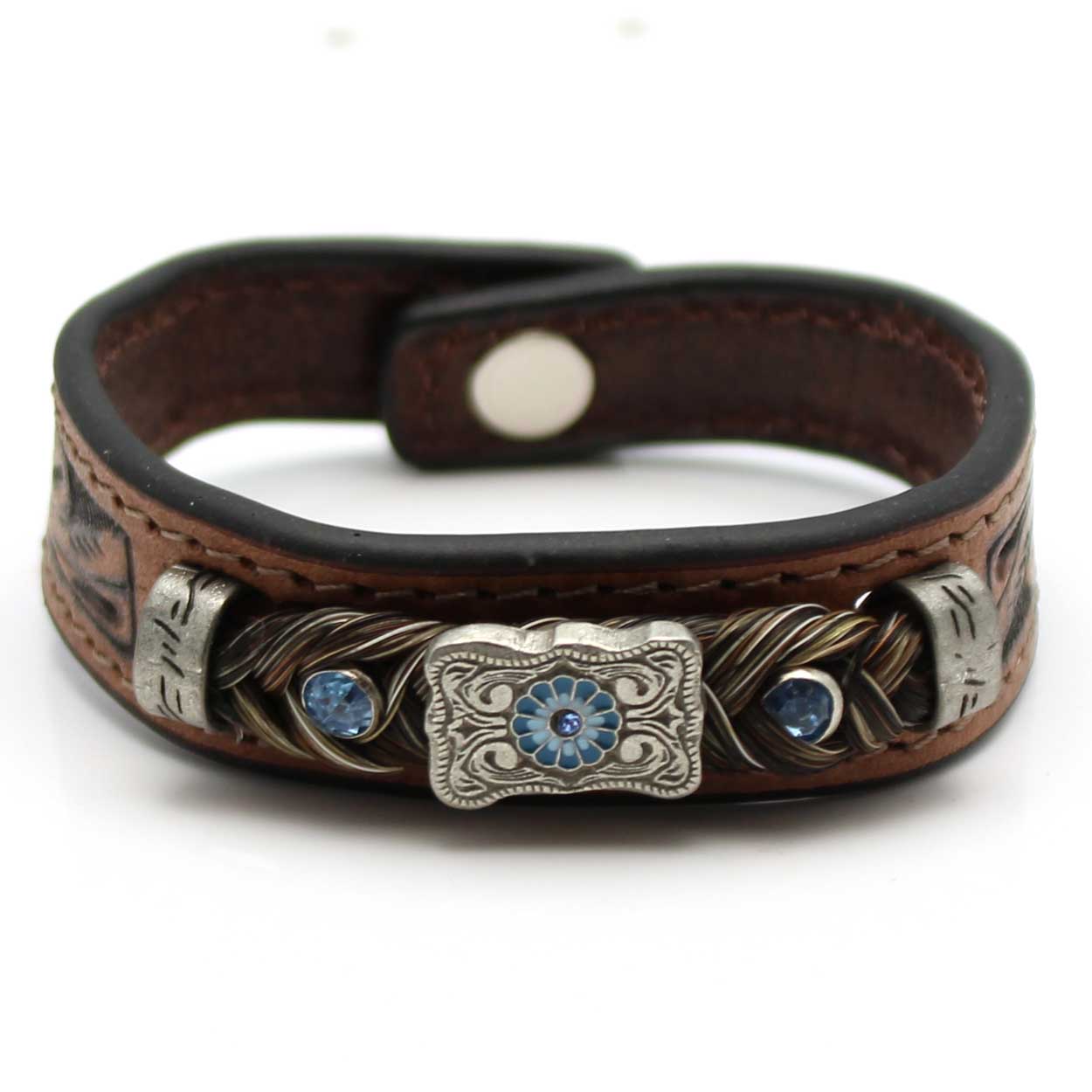 Stamped Leather & Brown Horse Hair Bracelet With Metal Accents - Blue
