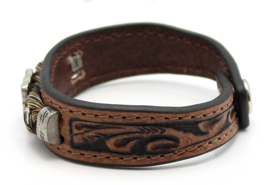 Stamped Leather & Brown Horse Hair Bracelet With Metal Accents - Blue
