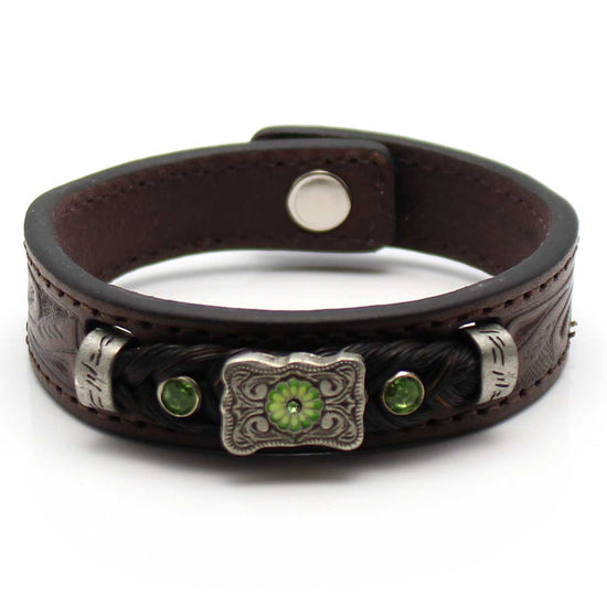 Stamped Leather & Black Horse Hair Bracelet With Metal Accents - Green
