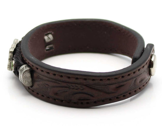 Stamped Leather & Black Horse Hair Bracelet With Metal Accents - Green