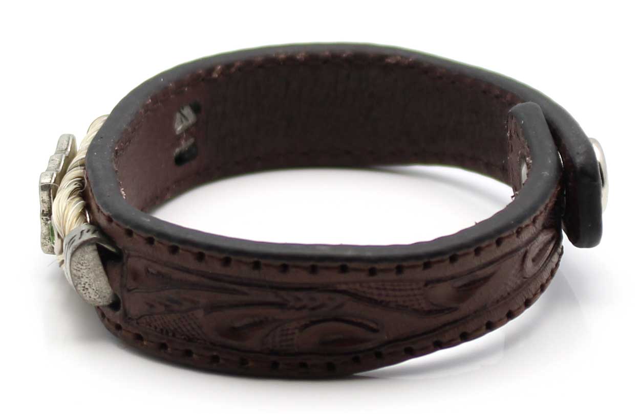 Stamped Leather & Grey Horse Hair Bracelet With Metal Accents - Green