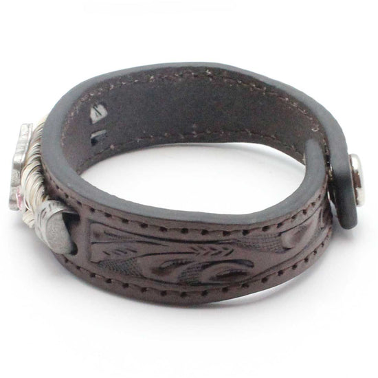 Stamped Leather & Horse Hair Bracelet With Metal Accents - Pink Small 7'