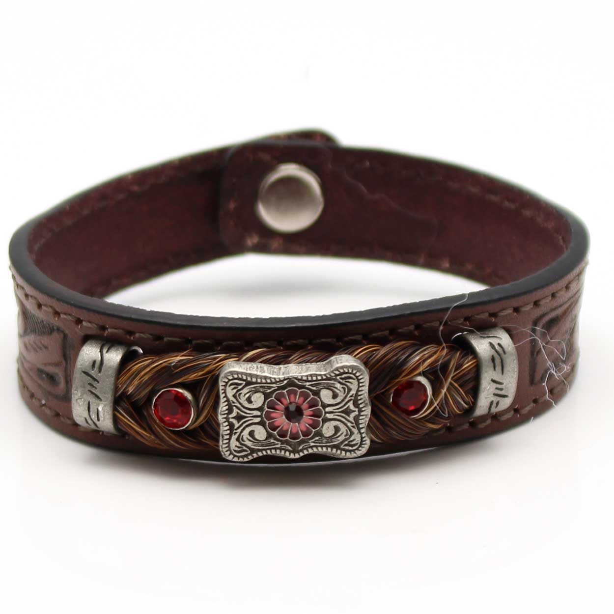 Stamped Leather & Brown Horse Hair Bracelet With Metal Accents - Red