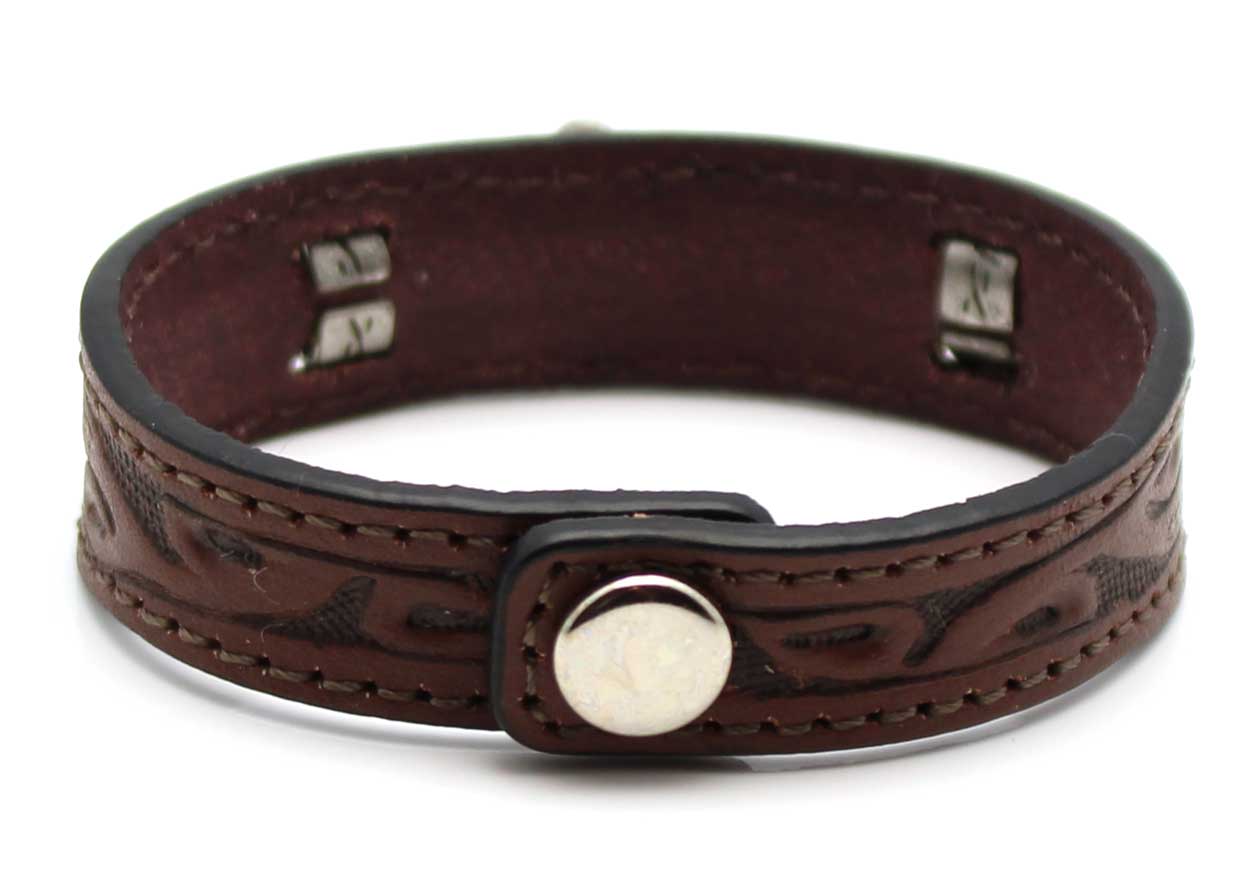 Stamped Leather & Brown Horse Hair Bracelet With Metal Accents - Red