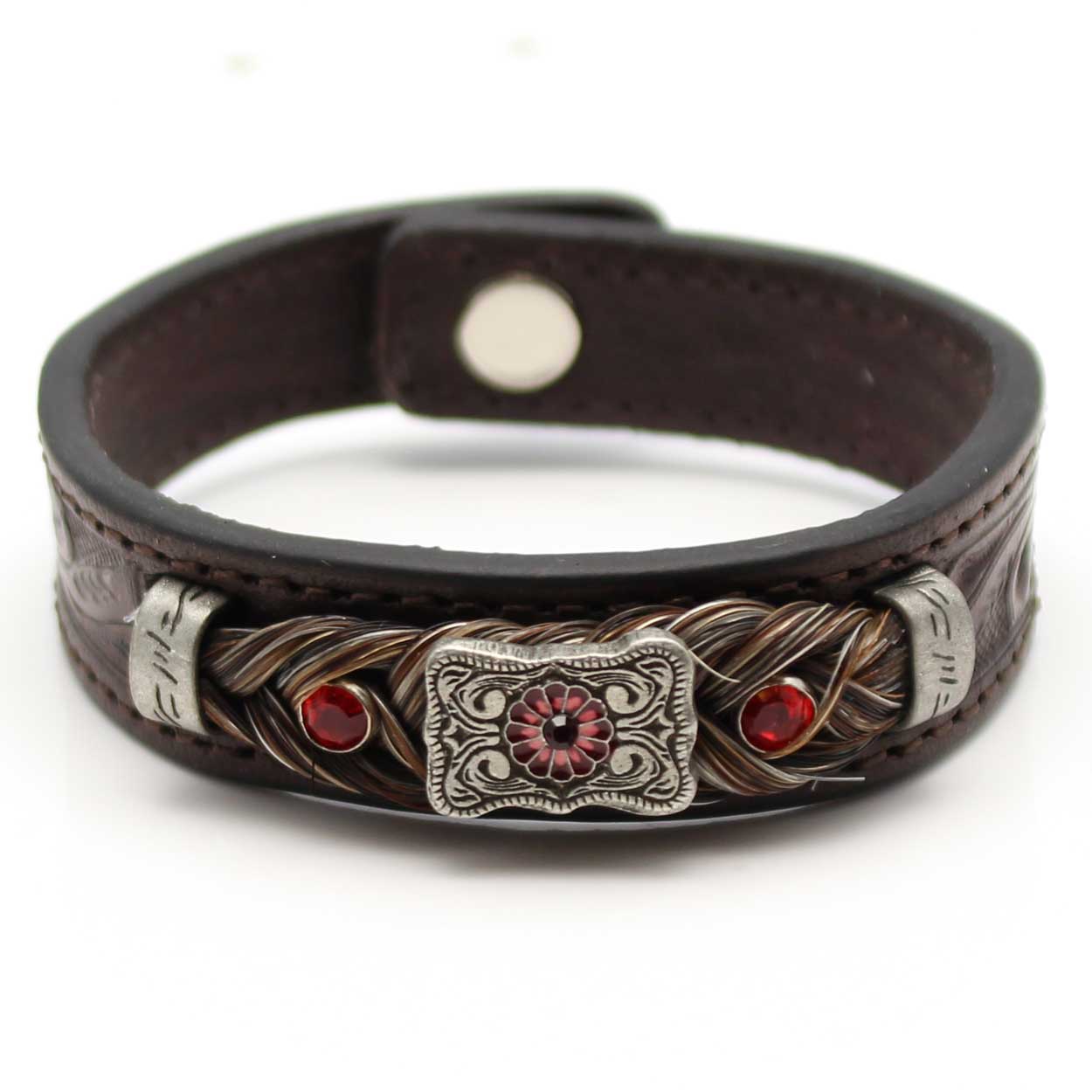 Stamped Leather & Mixed Horse Hair Bracelet With Metal Accents - Red
