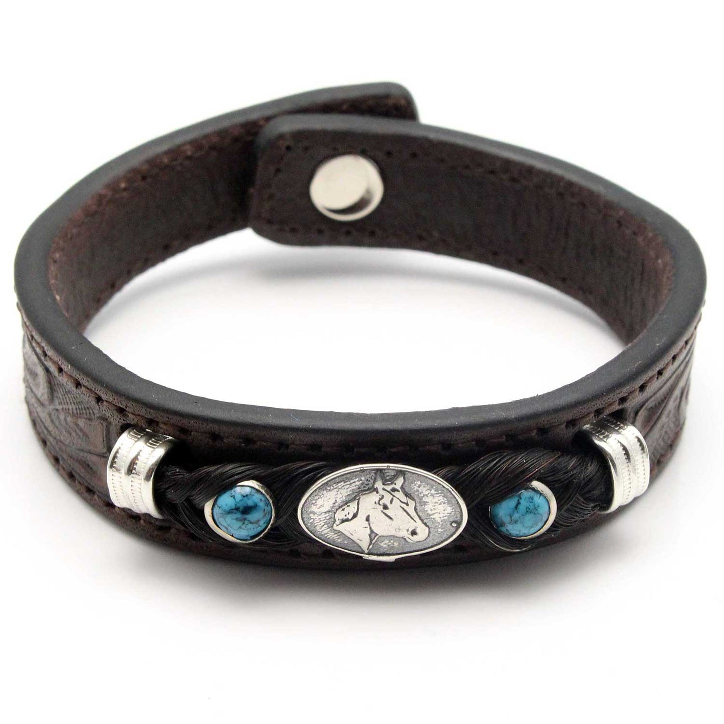 Hand Tooled Leather Bracelet with Black Horse Hair