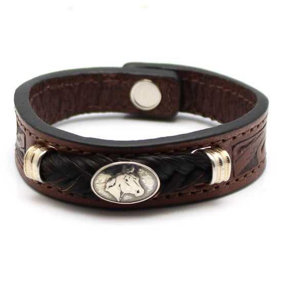 Black Horse & Tooled Leather Bracelet With Concho