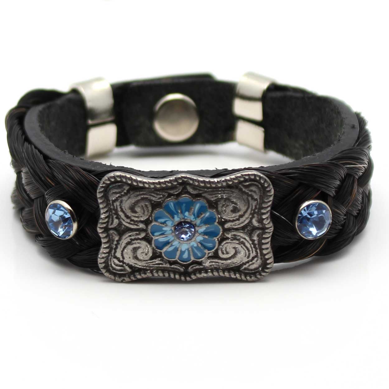 Leather & Black Horse Hair Bracelet Metal & Gemstone Accents - Blue