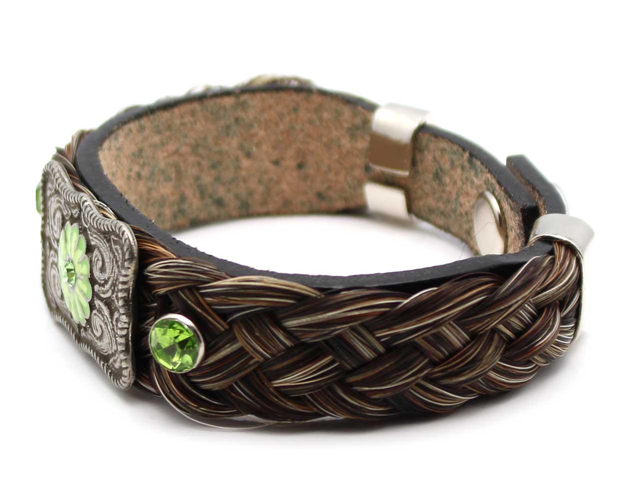 Leather & Brown Horse Hair Bracelet Metal & Gemstone Accents -Green