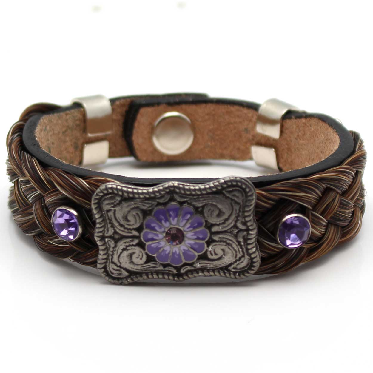 Leather & Brown Horse Hair Bracelet Metal & Gemstone Accents - Lilac