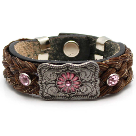 Leather & Brown Horse Hair Bracelet Metal & Gemstone Accents -Pink