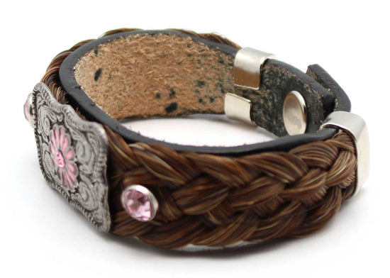 Leather & Brown Horse Hair Bracelet Metal & Gemstone Accents -Pink