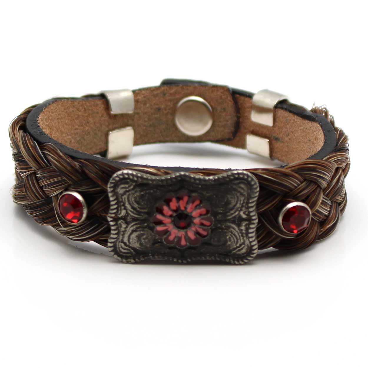 Leather & Brown Horse Hair Bracelet Metal & Gemstone Accents -Red