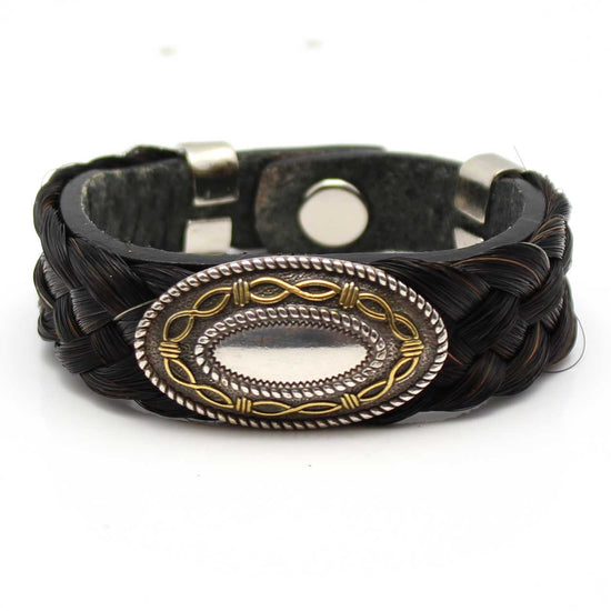 Black Horsehair & Leather Bracelet With Oval Concho