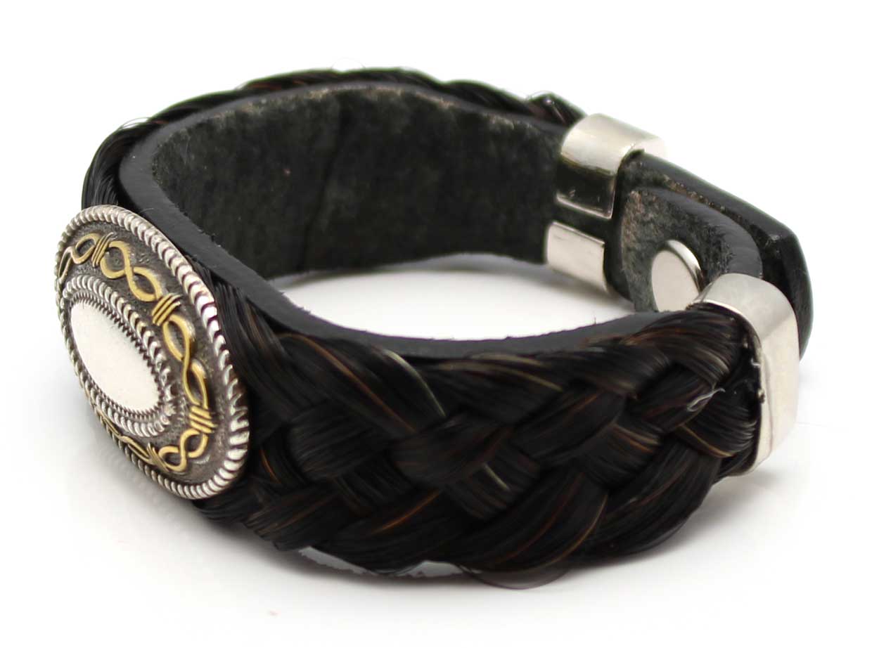 Black Horsehair & Leather Bracelet With Oval Concho