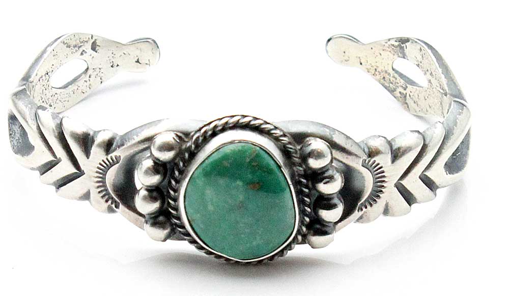 Navajo Silver Cast Bracelet with Turquoise by Bitsui