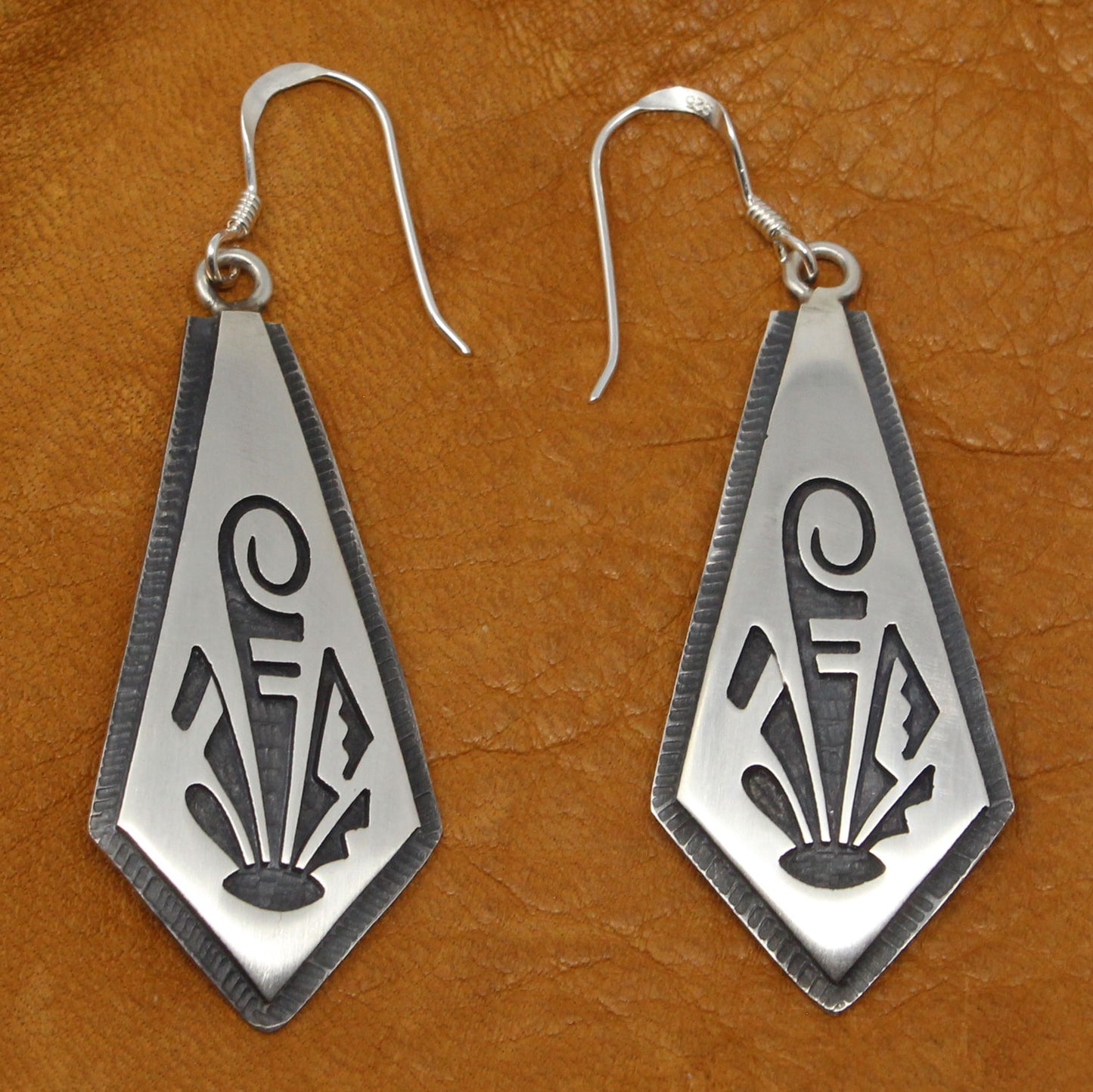 1.75" Hopi Silver Overlay Prayer Feathers Earrings