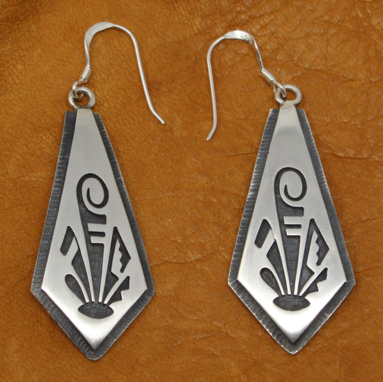 1.75" Hopi Silver Overlay Prayer Feathers Earrings