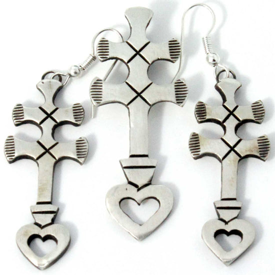 Silver Pueblo Cross & Heart Pendant Set
