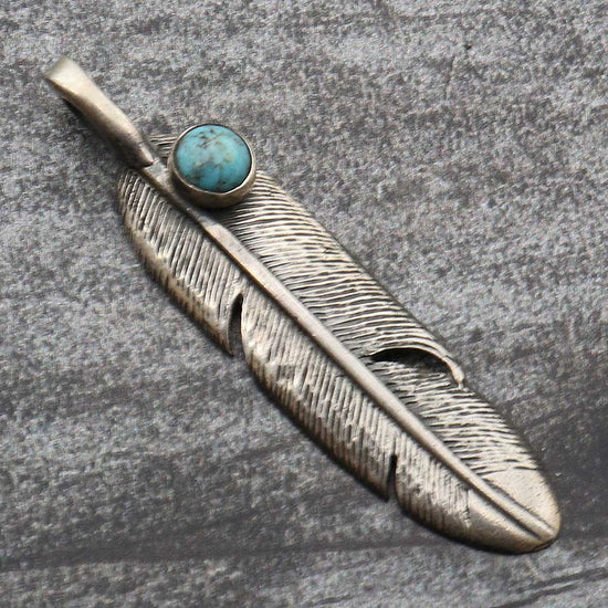 Sterling Silver Cast Feather Pendant W/ Turquoise Setting
