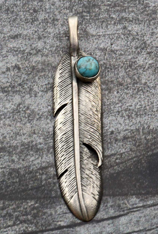 Sterling Silver Cast Feather Pendant W/ Turquoise Setting