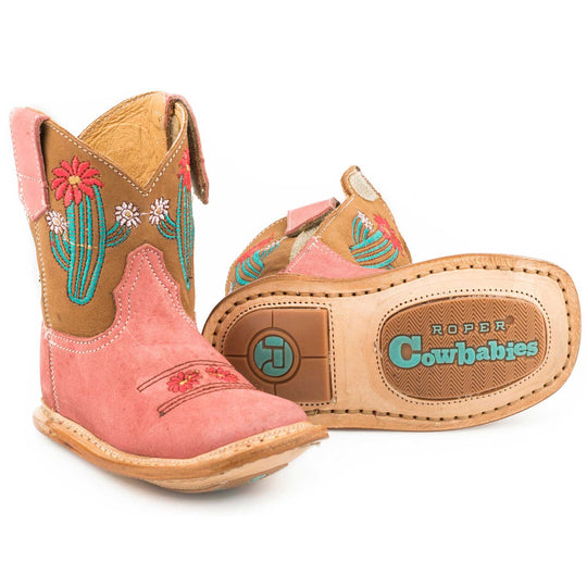 Infant Girls Pink Leather Vamp and Brown Upper With Cactus Embroidery