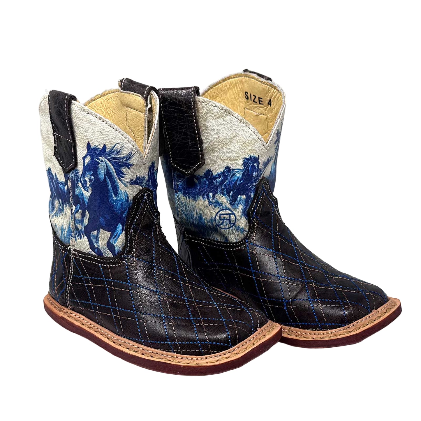 Pair of children's cowboy boots with horse design on a white background