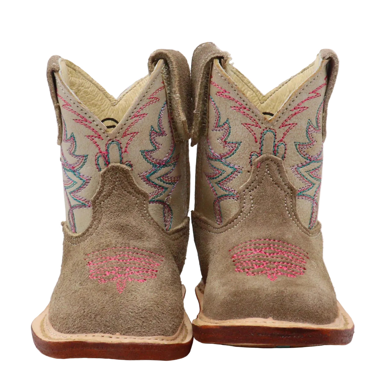 A pair of western cowboy boots in taupe suede with vibrant pink, blue, and green embroidered stitching on the shafts and vamp, shown against a plain white background.