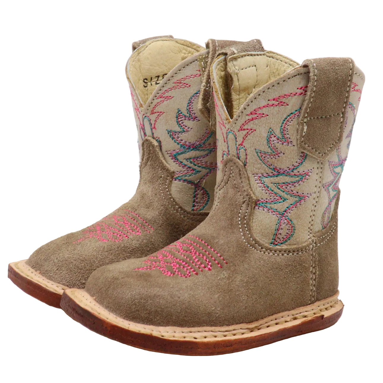 A pair of toddler western cowboy boots in taupe suede with embroidered pink, blue, and green details on the shafts and toes, shown against a plain white background.