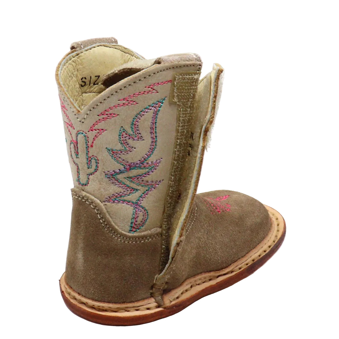 A single toddler's western-style boot in tan suede with a beige pull-on shaft featuring embroidered cactus and lightning bolt designs in pink, blue, and green, shown on a white background.