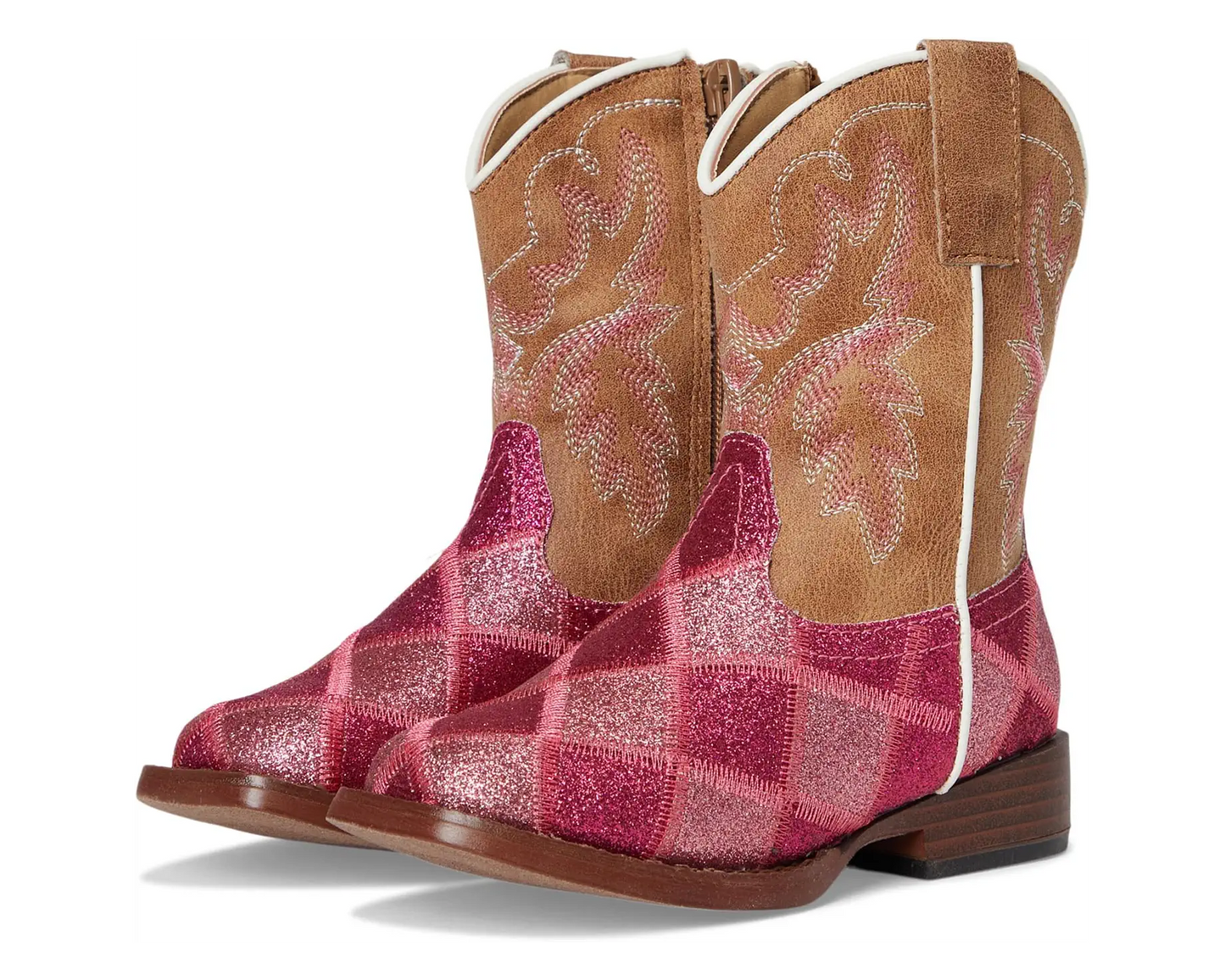 A pair of western-style cowboy boots with tan suede shafts and glittery pink plaid vamp panels, shown on a white background.