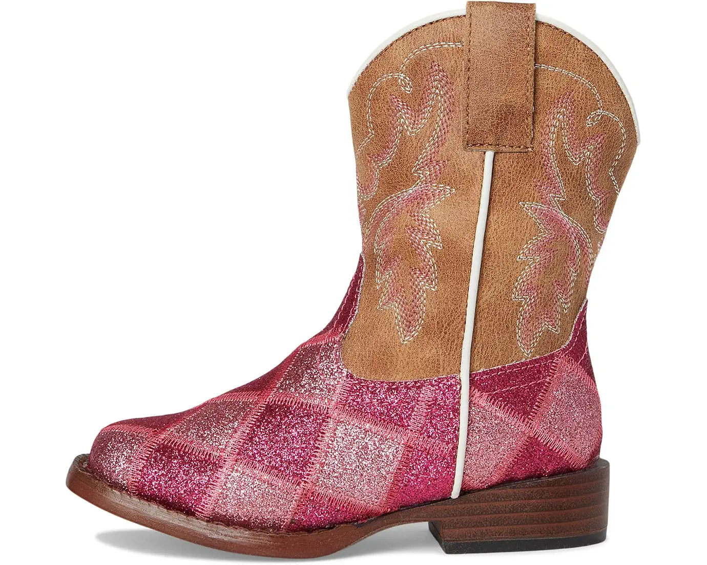 A western-style cowboy boot with a brown leather shaft and a glittery pink and red argyle patterned foot, shown against a plain white background.