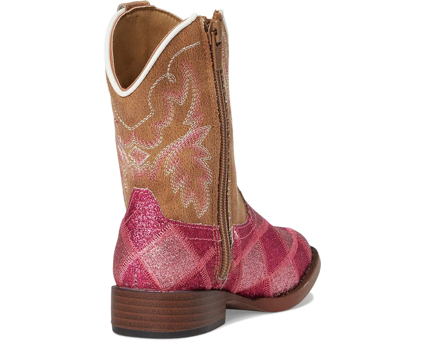 A single western-style cowboy boot shown from a side-rear angle on a plain white background. The boot has a tan shaft with white embroidered floral detailing, a pink and red plaid pattern on the foot, a brown stacked heel, and a side zipper.