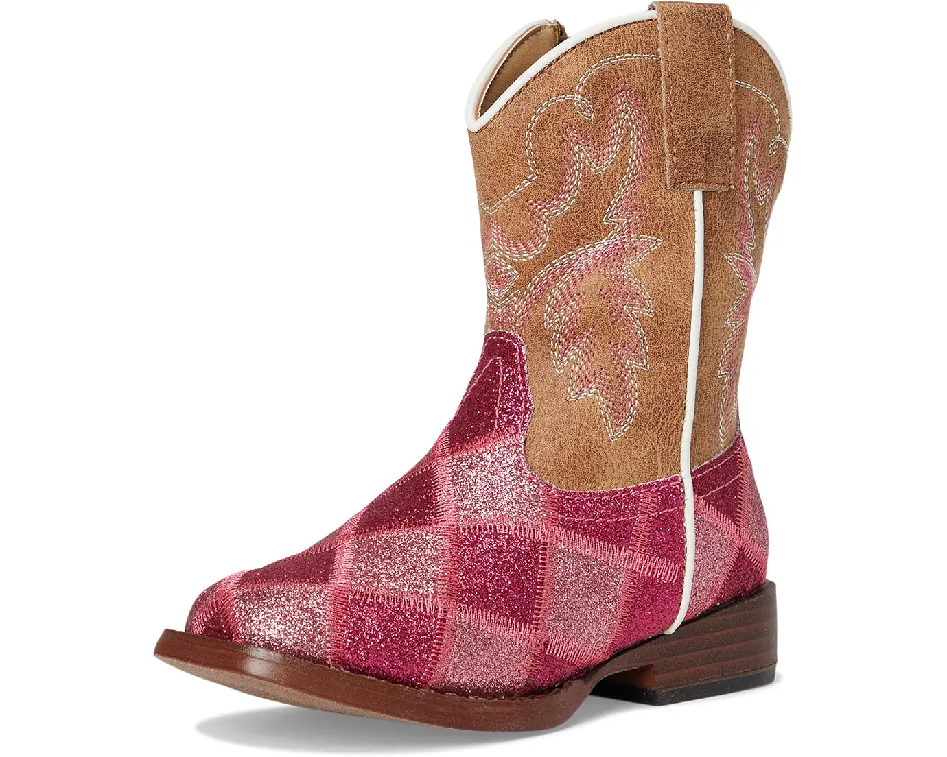 A western-style cowboy boot featuring a tan leather shaft with white embroidery and a glittery pink and magenta argyle pattern on the foot, shown against a plain white background.