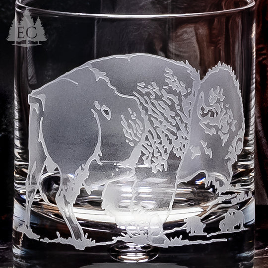 Etched Buffalo Crystal Rocks Glasses, 4
