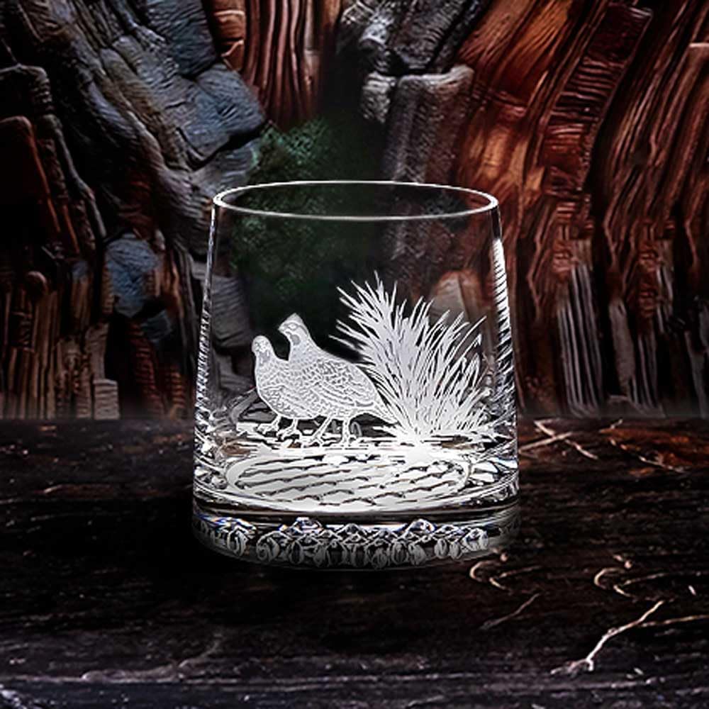 Hand Etched Crystal Quail Rocks Glass Set (4)