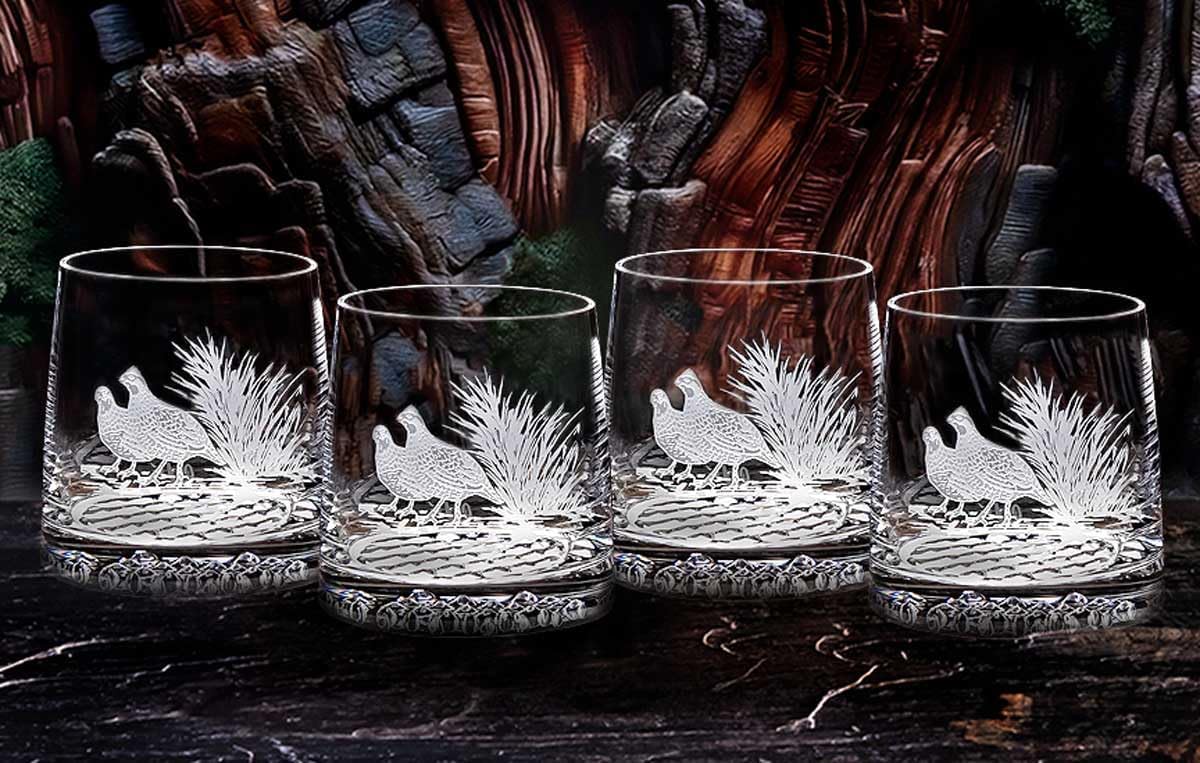 Hand Etched Crystal Quail Rocks Glass Set (4)