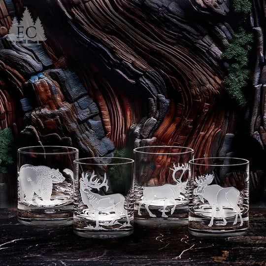 Alaskan Wildlife Etched Crystal Rocks Glasses, Set of 4