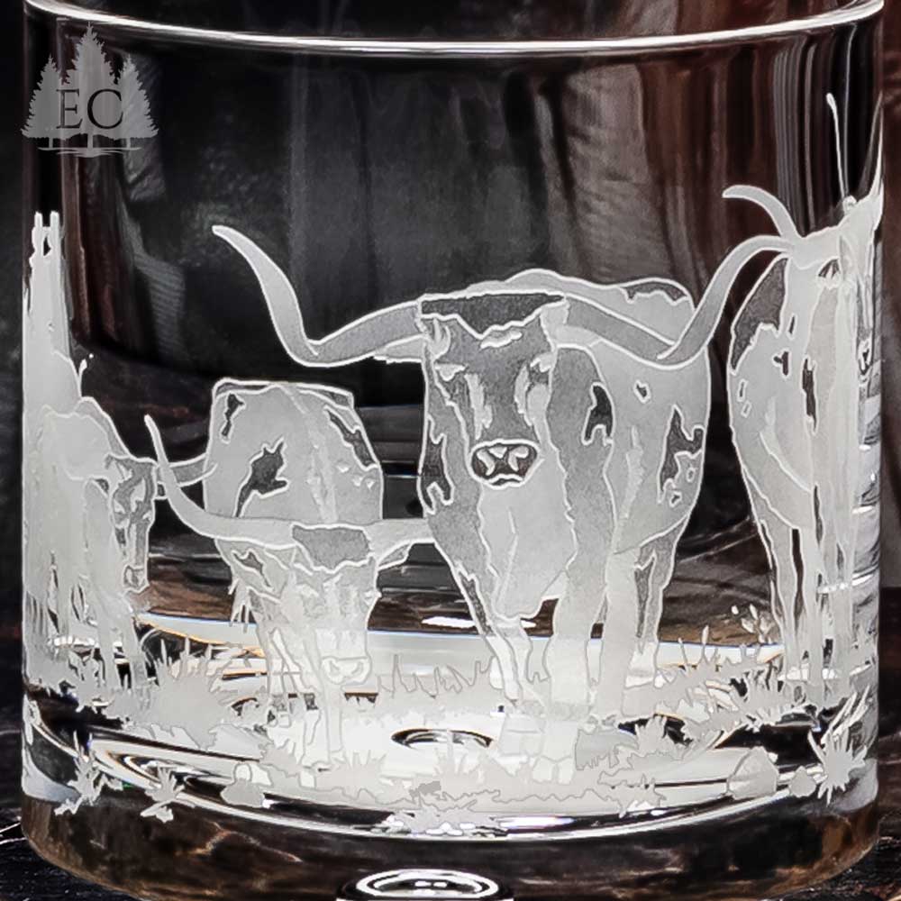 Longhorn Stampede Etched Crystal Rocks Glasses, 4