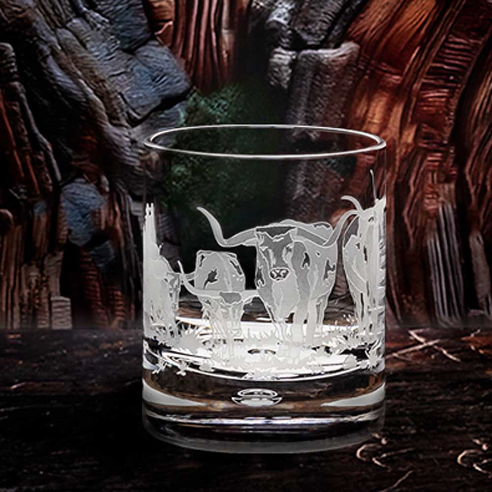 Longhorn Stampede Etched Crystal Rocks Glasses, 4