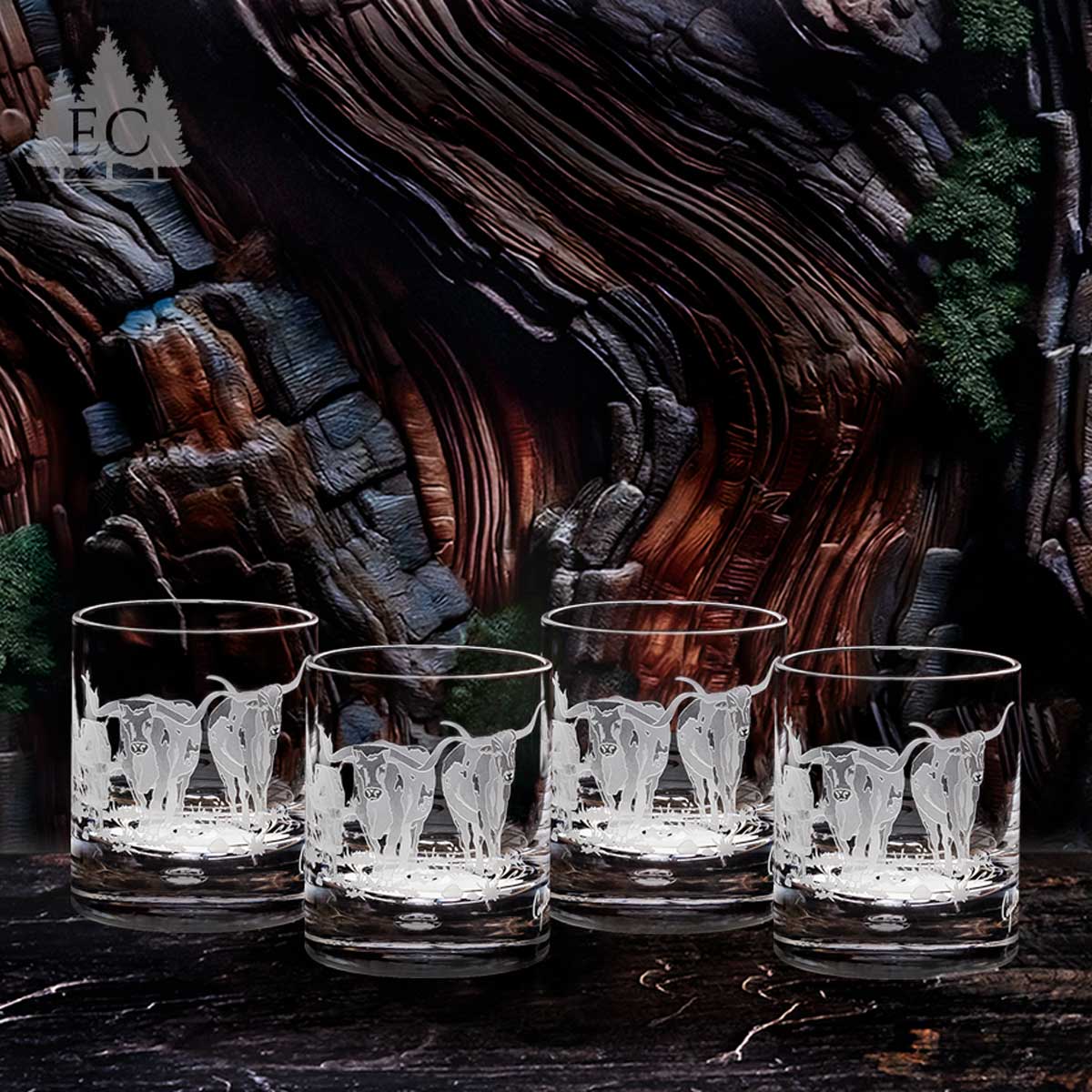 Longhorn Stampede Etched Crystal Rocks Glasses, 4