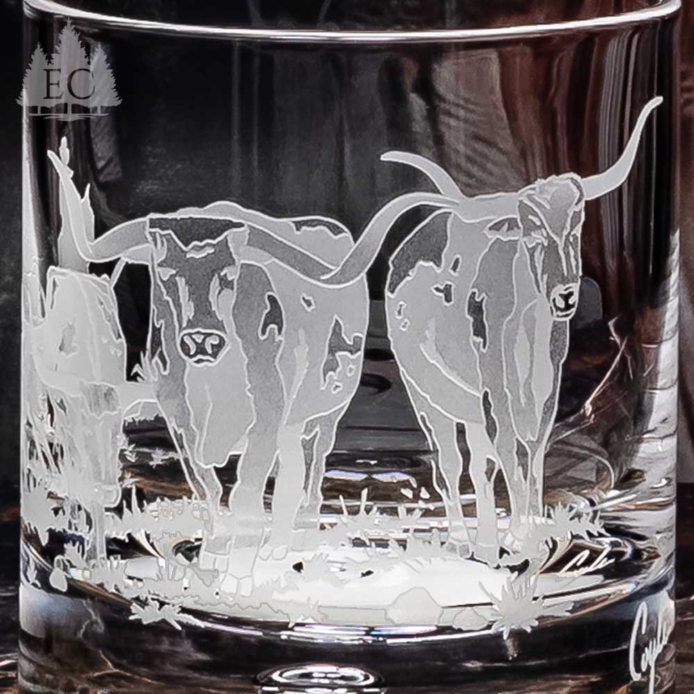 Longhorn Stampede Etched Crystal Rocks Glasses, 4