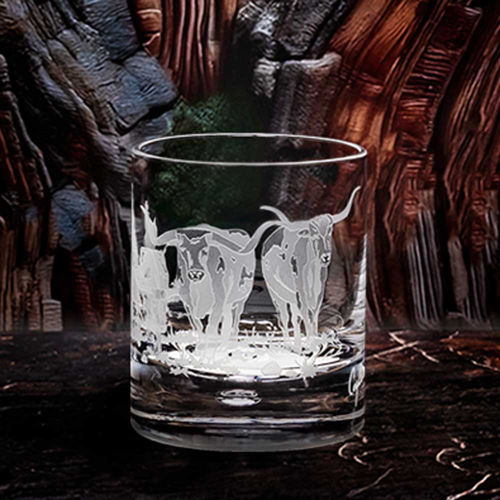 Longhorn Stampede Etched Crystal Rocks Glasses, 4